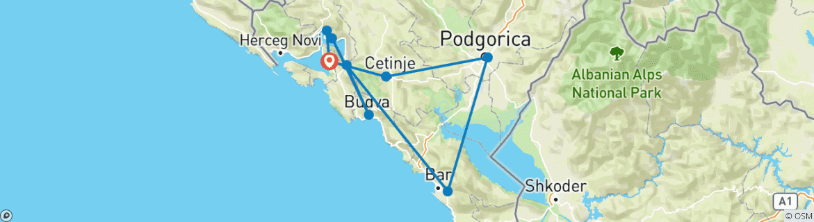Image of a map showing the route of the tour