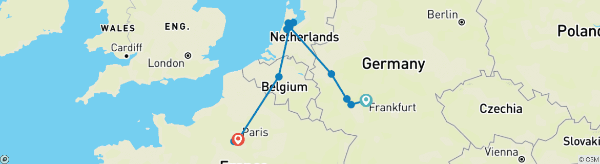 Kaart van Van Frankfurt naar Parijs (inclusief Brussel)