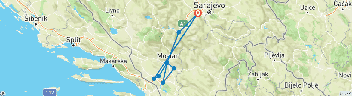 Image of a map showing the route of the tour