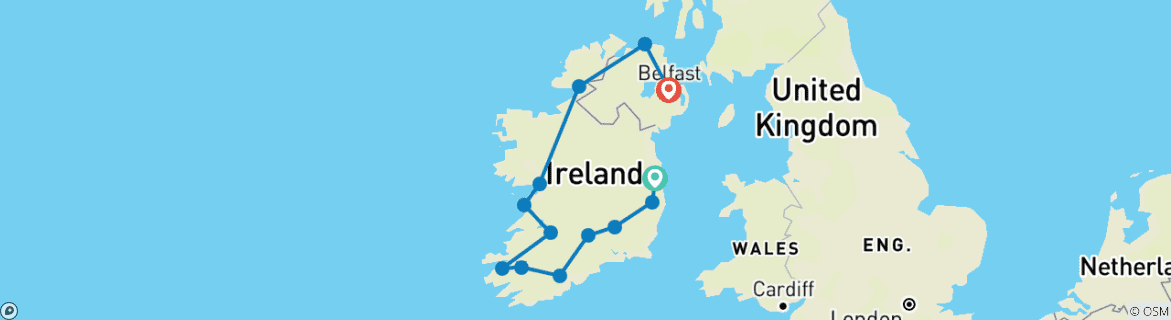 Image of a map showing the route of the tour