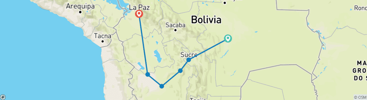 Carte du circuit 7 jours Terre de sel et de traditions : L'expérience d'Uyuni en saison sèche