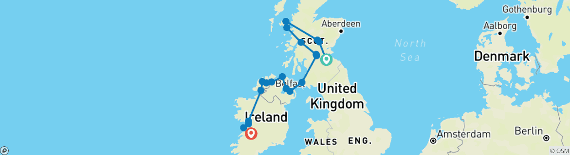 Karte von Rundreise Schottland & Irland (11Tage/10 Nächte) (20 Destinationen)
