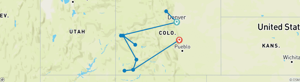 Carte du circuit Les Rocheuses du Colorado avec parcs nationaux et trains historiques (de Denver, CO à Colorado Springs, CO) (2027)
