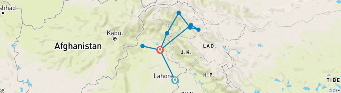 Image of a map showing the route of the tour