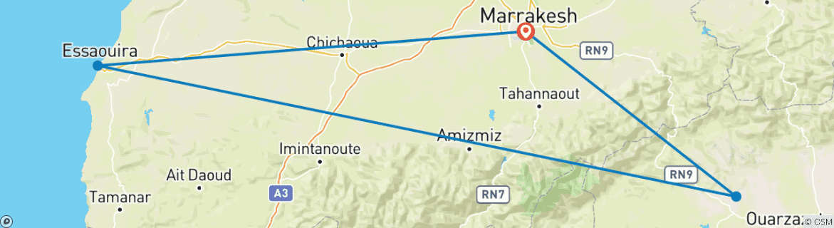 Image of a map showing the route of the tour