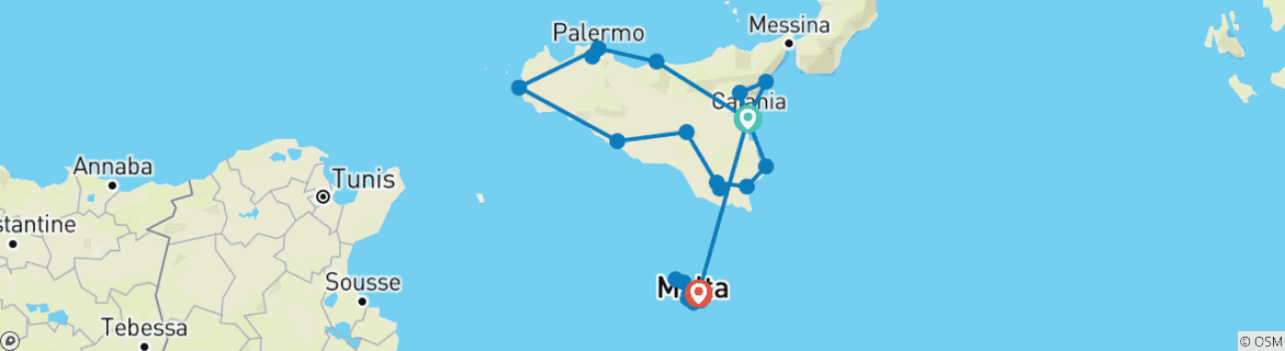 Image of a map showing the route of the tour