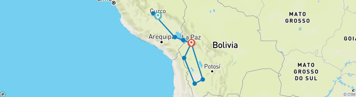 Carte du circuit 13 jours du Machu Picchu au salar de Uyuni : aventure andine entre le Pérou et la Bolivie
