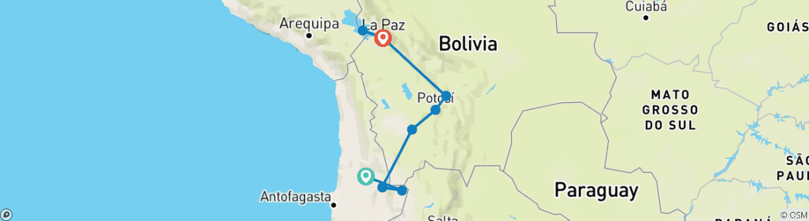 Kaart van 13 dagen tussen woestijnen, zoutvlakten en voorouderlijke culturen: Chili & Bolivia