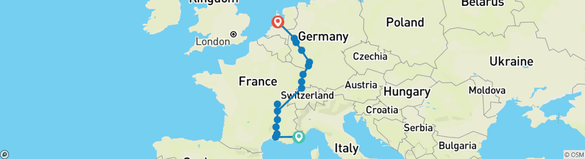 Image of a map showing the route of the tour