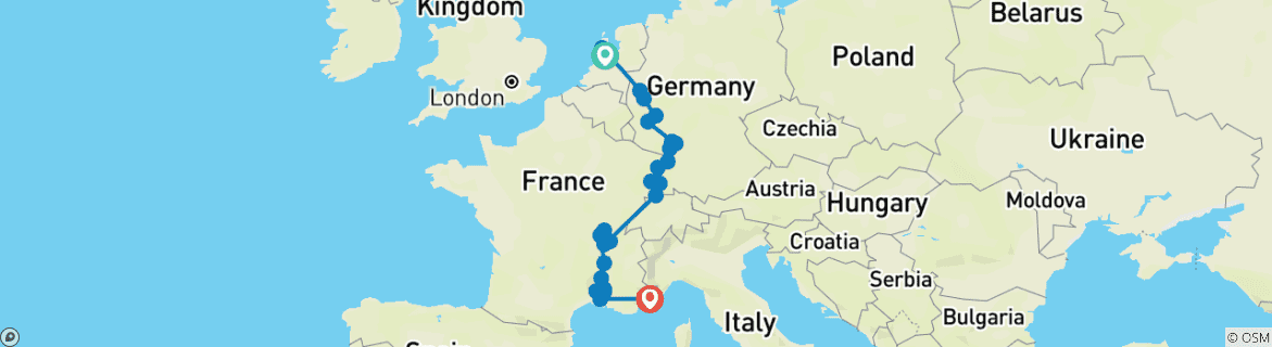 Image of a map showing the route of the tour