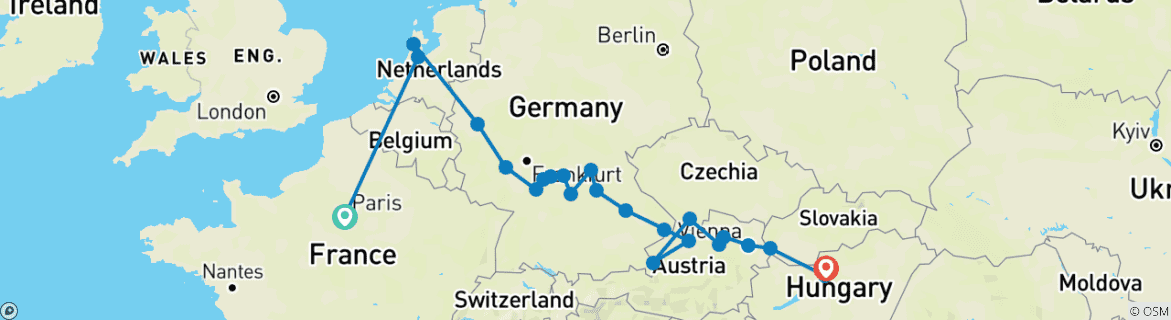 Image of a map showing the route of the tour