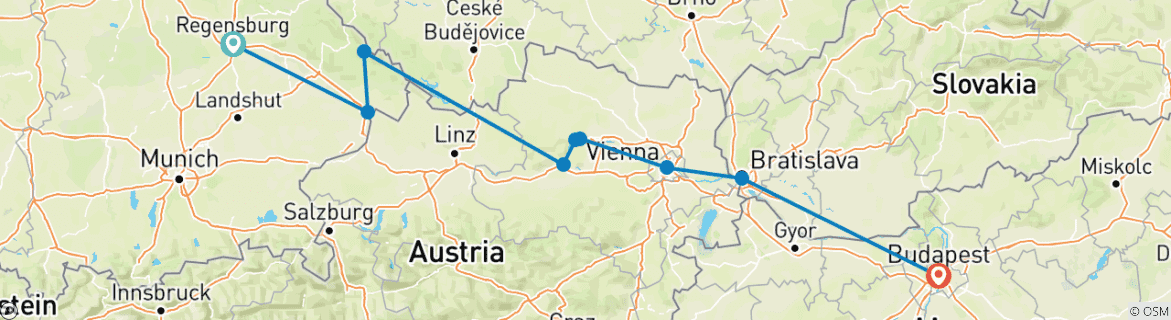 Image of a map showing the route of the tour