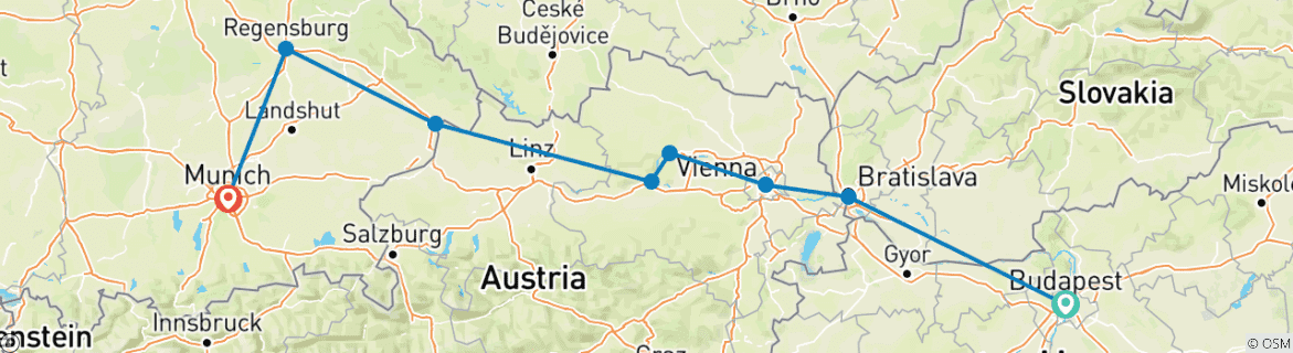 Image of a map showing the route of the tour