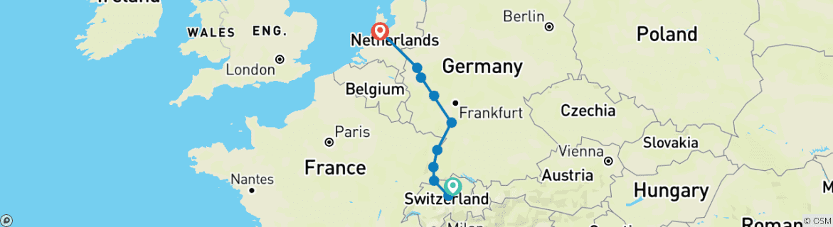 Image of a map showing the route of the tour