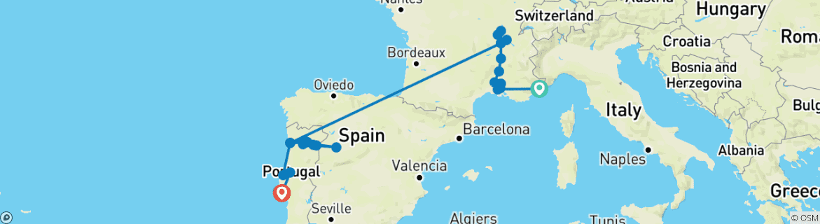 Mapa de Descubre el Sur de Francia y Portugal: De Niza a Lisboa