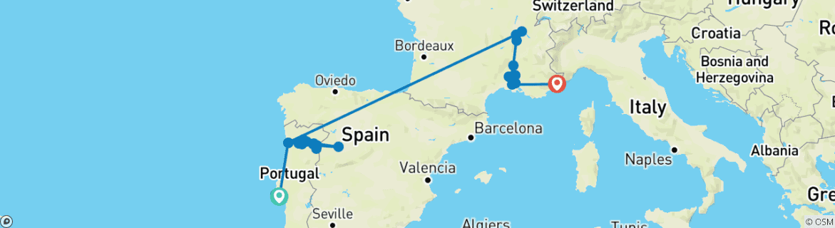 Image of a map showing the route of the tour