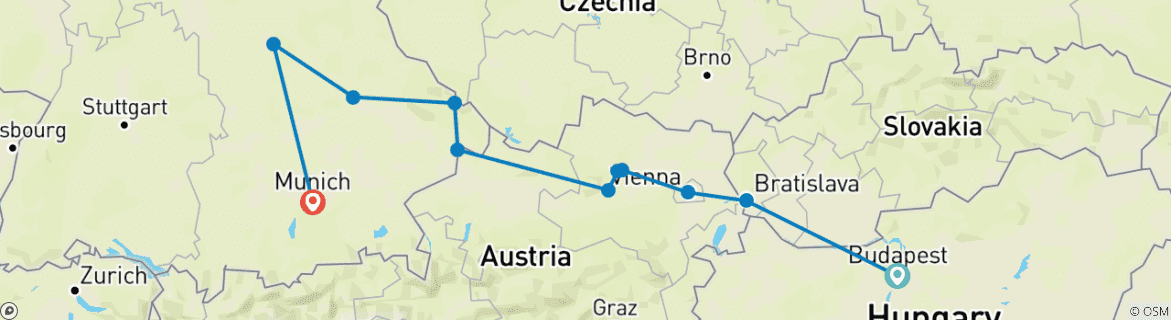 Image of a map showing the route of the tour
