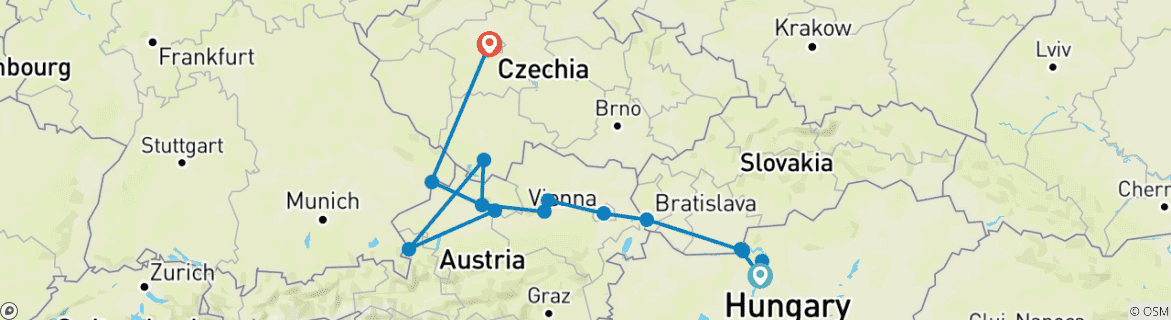 Karte von Danube Explorer & Budapest mit Prag - 13 Tage (von Budapest bis Prag)