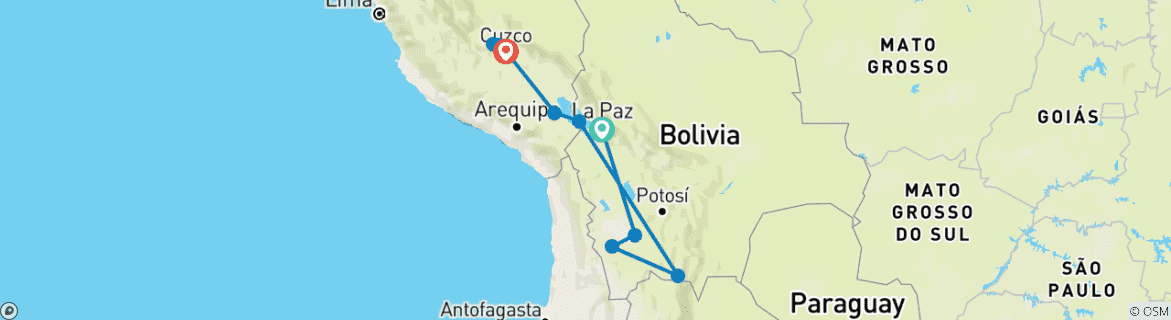 Mapa de 15 días entre salares, andes y culturas ancestrales: Bolivia y Perú