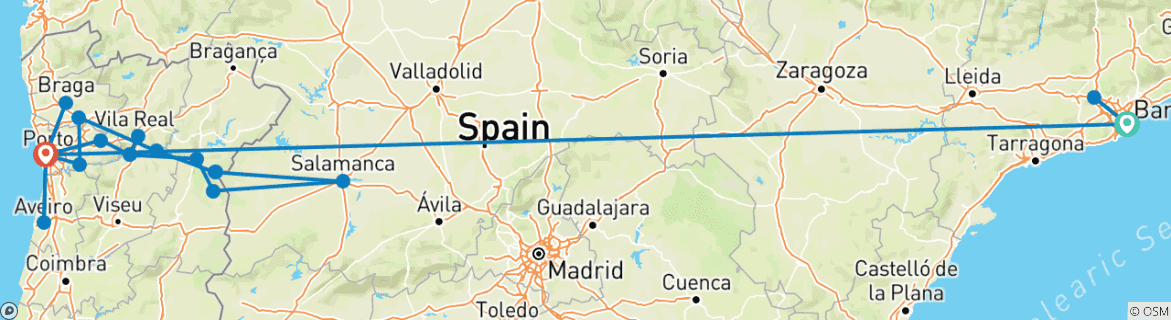 Image of a map showing the route of the tour