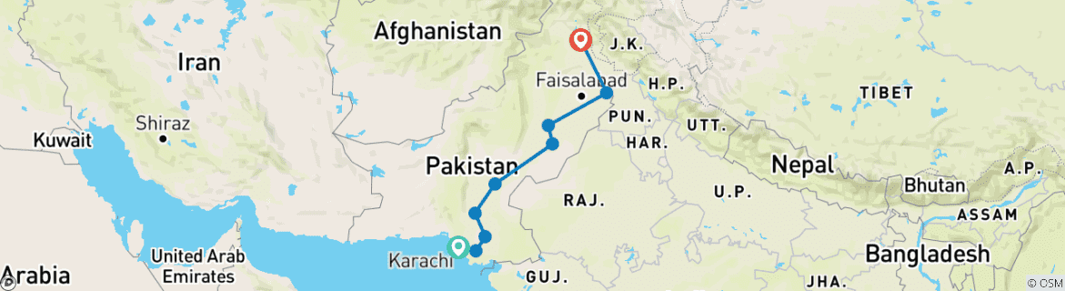 Image of a map showing the route of the tour