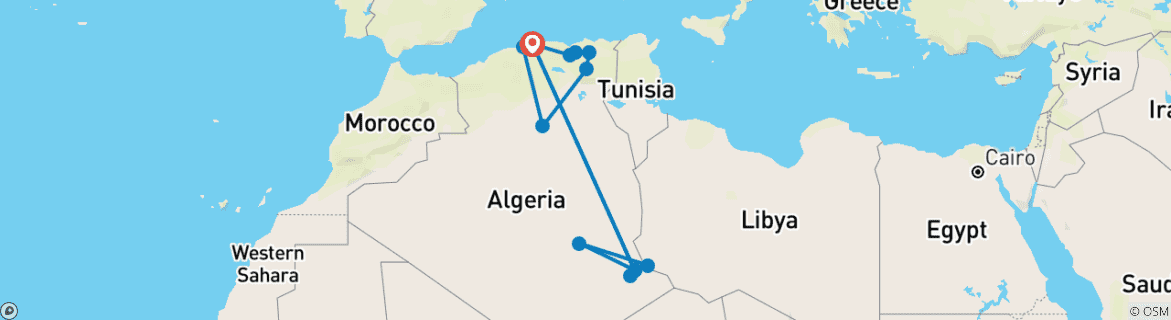 Image of a map showing the route of the tour
