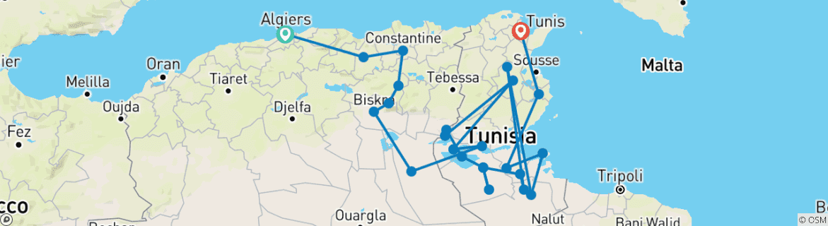Image of a map showing the route of the tour