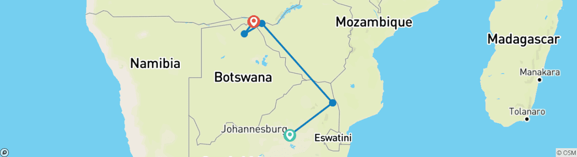 Carte du circuit Safari de 7 jours en milieu de gamme au Kruger, aux chutes Victoria et à Chobe