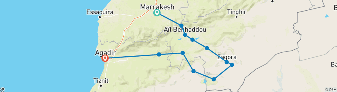 Image of a map showing the route of the tour