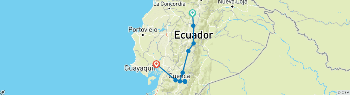 Image of a map showing the route of the tour