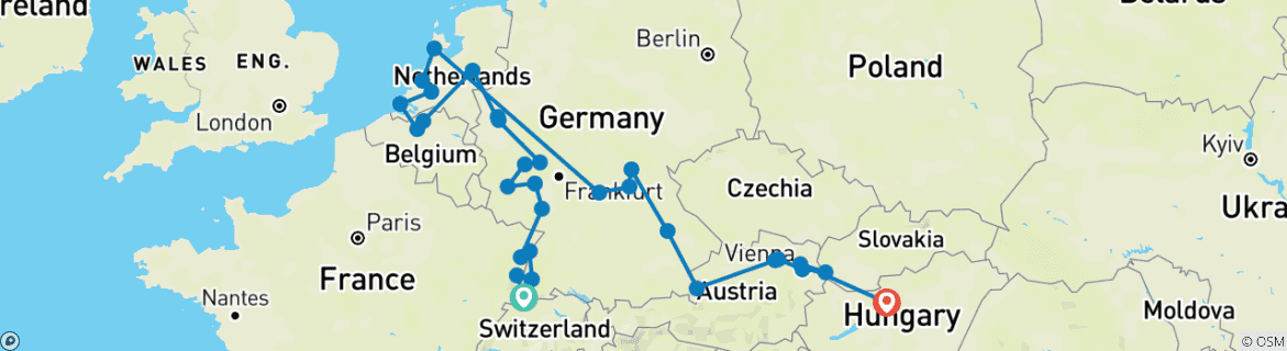 Carte du circuit Joyaux de l'Europe & Rhin romantique et Moselle 2027 - 29 jours