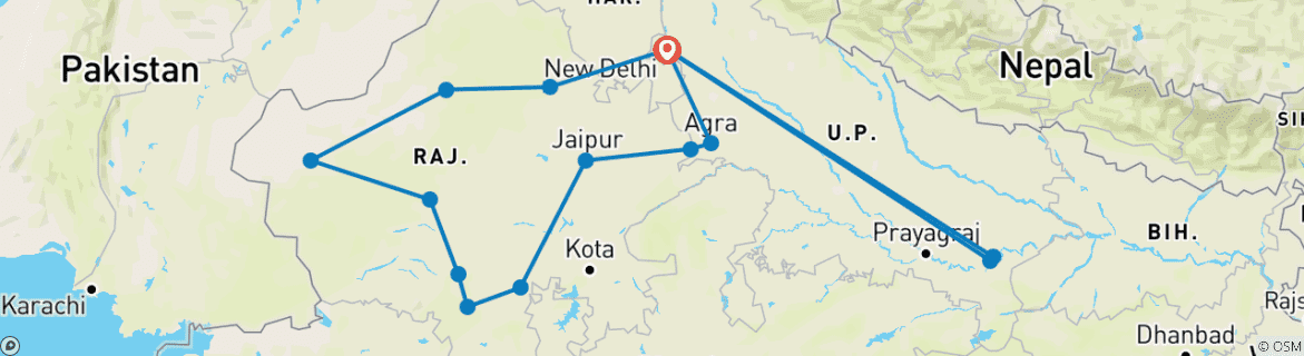 Image of a map showing the route of the tour