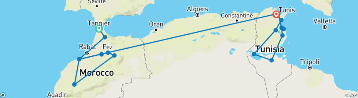 Image of a map showing the route of the tour