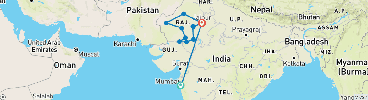 Image of a map showing the route of the tour