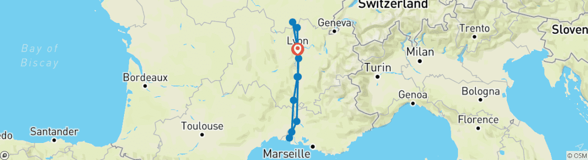 Image of a map showing the route of the tour