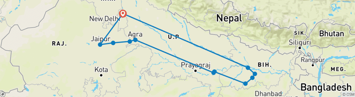 Image of a map showing the route of the tour