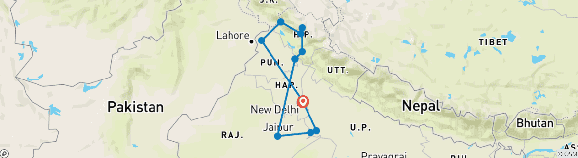 Carte du circuit Patrimoine de l'Inde du Nord et piste de l'Himalaya par G Experiences