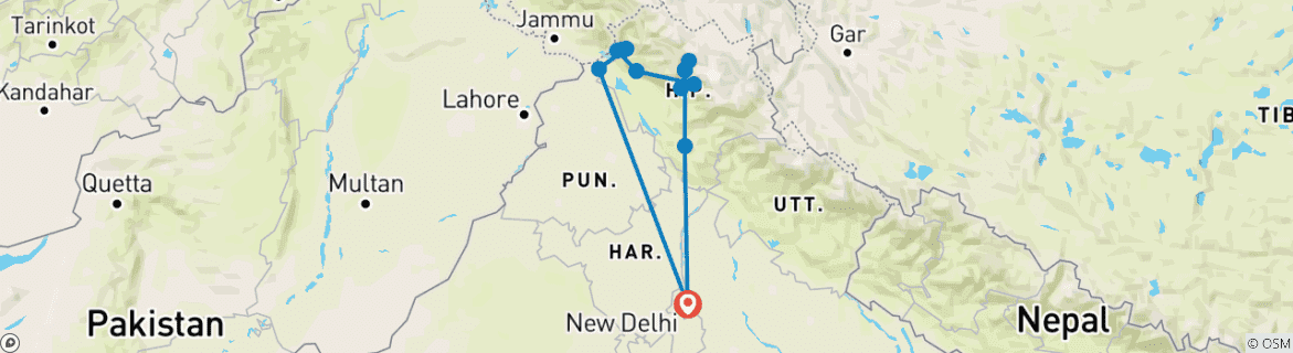 Foto van een kaart met de route van de rondreis