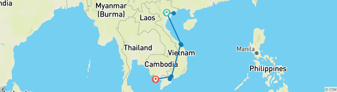 Image of a map showing the route of the tour