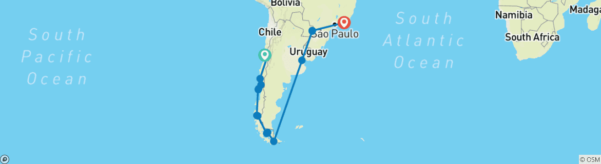 Image of a map showing the route of the tour