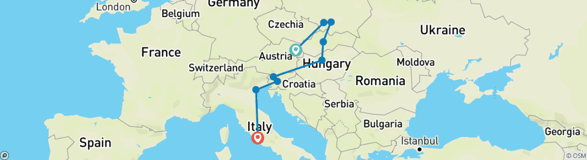 Image of a map showing the route of the tour