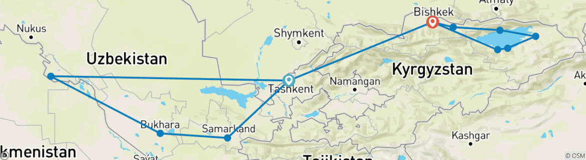 Mapa de Tour personalizado de 11 días por Uzbekistán y Kirguistán, con salida diaria y guía privado