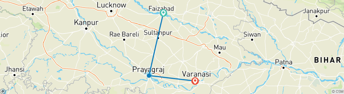 Image of a map showing the route of the tour