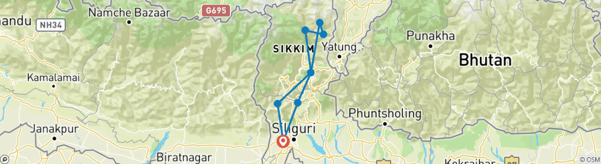Image of a map showing the route of the tour