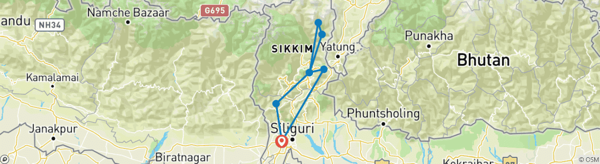 Image of a map showing the route of the tour