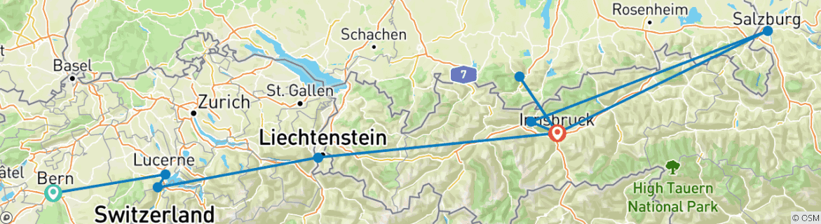 Carte du circuit Découvrez la Suisse, l'Autriche et la Bavière (de Berne à Innsbruck) (2027)