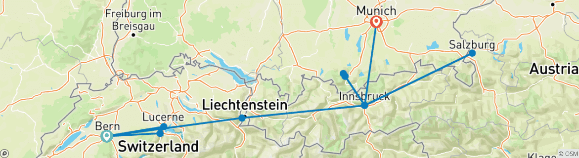 Image of a map showing the route of the tour
