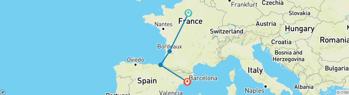 Image of a map showing the route of the tour