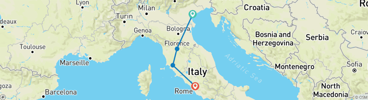 Image of a map showing the route of the tour