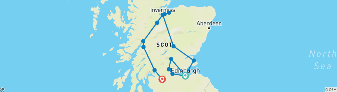 Image of a map showing the route of the tour